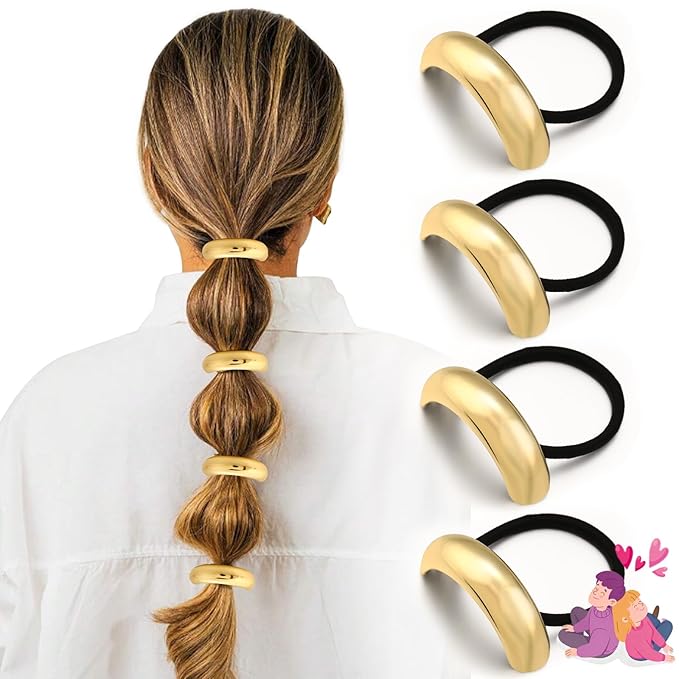 4PCS Gold Hair Ties, Metal Hair Ties for Thick Hair, Elegant Durable Round Geometric Design Hair Cuffs, Gold Hair Accessories Stretchy Non-Damage Ponytail Holders