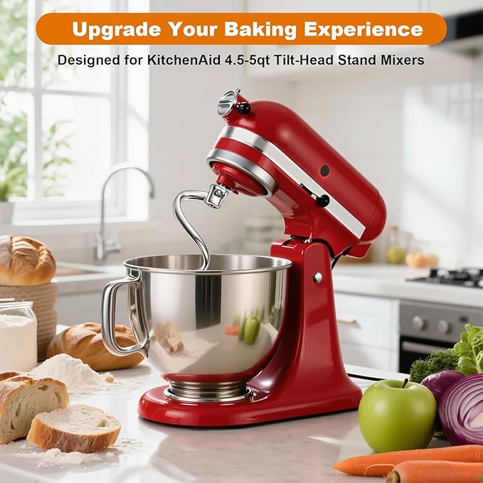 Stainless Steel Spiral Dough Hook for Kitchen Aid 4.5QT / 5QT Tilt-Head Mixers, Dishwasher Safe, Dough Hook Attachment - Efficient Kneading for Bread, Pizza, Pasta, Cookies
