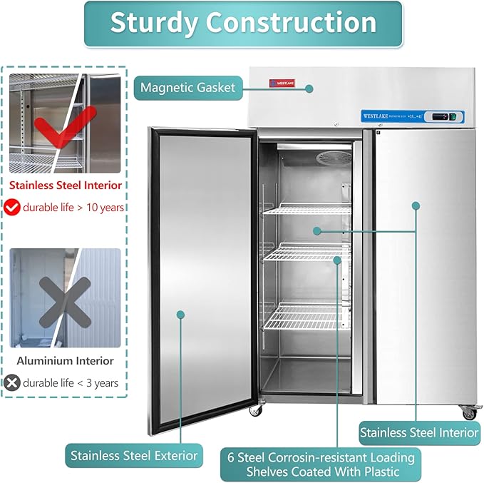 WESTLAKE 48" W Commercial Refrigerator 2 door 2 Section Stainless Steel Reach in Solid door Upright Fan Cooling 36 Cu.ft Cooler for Restuarant, Bar, Shop, etc