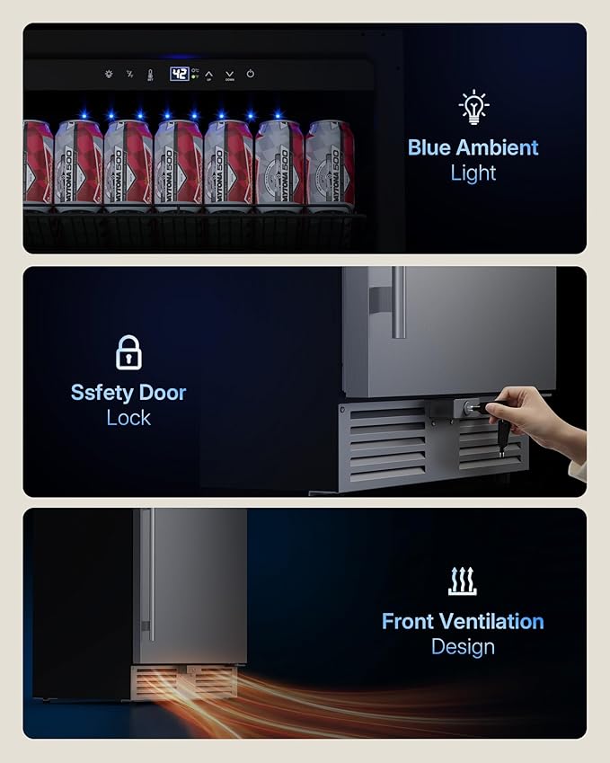 Upstreman 24 Inch Outdoor Refrigerator, Under Counter Refrigerator with Stainless Steel Door, Weatherproof, LED Light, Built-in or Freestanding Beverage Fridge for Home, Patio or Commercial Use-BR50