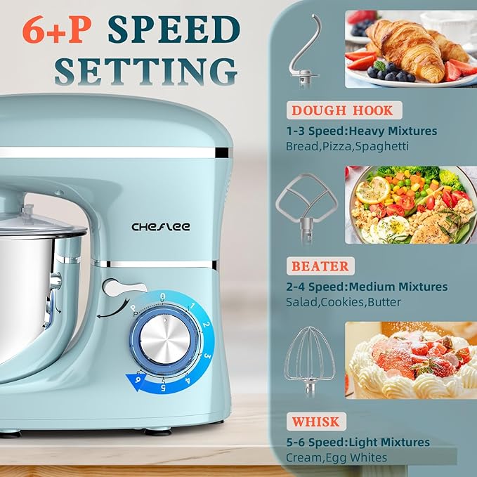 CHeflee Stand Mixer,660W 6+P With 6.5QT Stainless Steel Bowl,Dough Hook, Wire Whip & Beater,for Most Home Cooks (Blue)