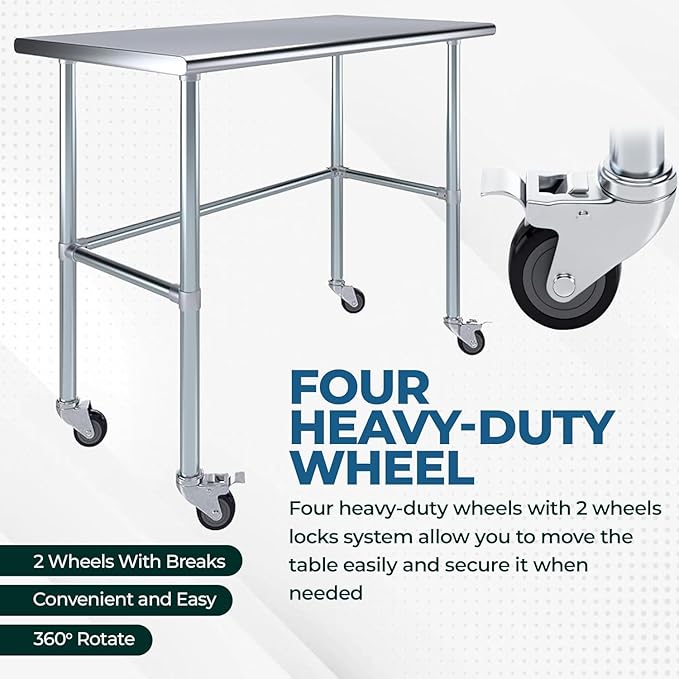 Stainless Steel Work Table Open Base & Wheels | Work Station | Metal Work Bench (Stainless Steel Work Table Open Base + Casters) (36" Long x 18" Deep)