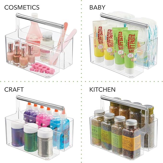 mDesign Plastic Shower Caddy Storage Organizer Utility Tote, Divided Basket Bin - Metal Handle for Bathroom, Dorm, Kitchen, Holds Soap, Shampoo, Conditioner - Aura Collection - Clear/Chrome