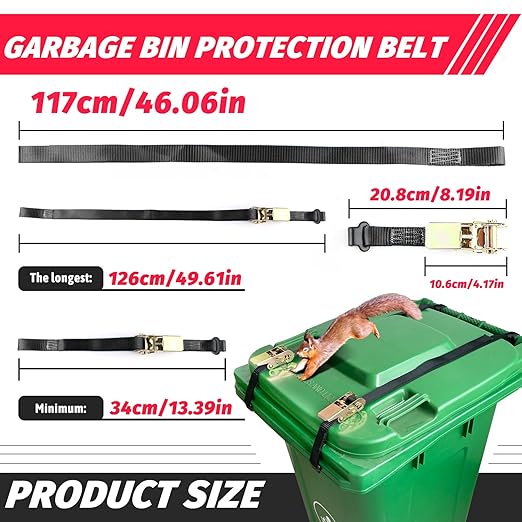 2PCS Trash Can Locks for Animals– Raccoon Bear Proof Trash Bin Lock,Tool-Free, Adjustable Trash Lock Strap, Keep Camping Trash and Outdoor Bin Security, Suitable for ONE-Handed Trash Cans Lid