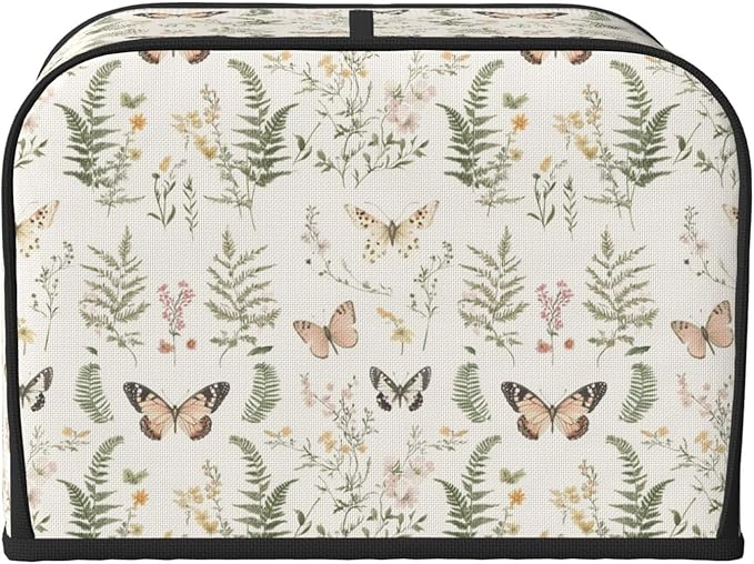 4 Slice Toaster Cover for Kitchen Botanical Wildflower Leaf Butterfly Waterproof Dustproof Toaster Dust Cover with Side Pockets Decorative Universal Cover for Wide Slot Toasters Small Appliances