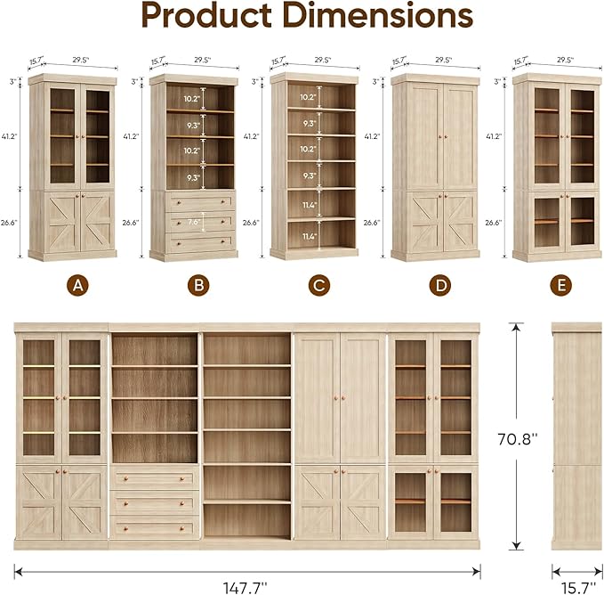 70.8" Bookshelf with Glass Doors, Farmhouse Modular Bookcase with 6-Tier Adjustable Shelves, Large Storage Cabinet for Living Room & Home Office, Set of 2, Brown