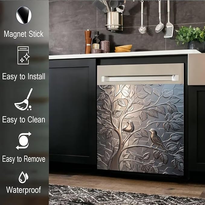 Stainless Steel Bird Dishwasher Magnet Cover - Kitchen Decorative Silver Dishwasher Cover Fridge Panel Decal, Magnetic Refrigerator Sticker Front Door Decals, Magnetic 23"X17"