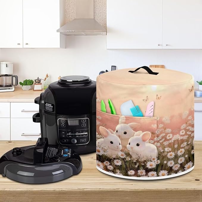 Xoenoiee Rabbit Butterfly Daisy Print Kitchen Appliance Dust Cover with Pockets, Electric Pressure Cooker Cover Compatible with Crock Pot for Easter Decor, Rice Cooker Covers, for 6 Qt