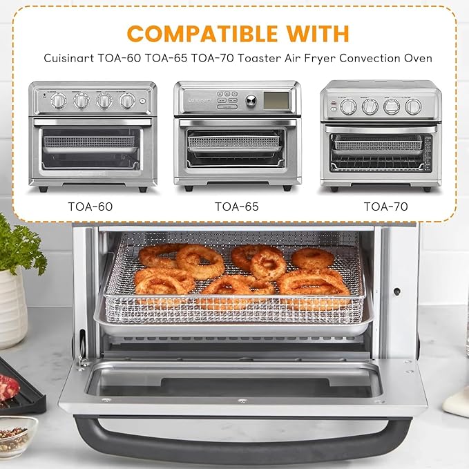 Air Fryer Basket Tray Replacement for Cuisinart TOA-60 TOA-65 TOA-70 Toaster Air Fryer Convection Oven, 12.2 * 11''Mesh Air Fryer Steel Basket Wire Rack Accessories Parts, Dishwasher Safe
