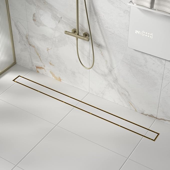 Linear Shower Drain 42", Brushed Floor Drain with Tiled Insert Grate & Hair Strainer, 304 Stainless Steel Bathroom 2-in-1 Tiled in Drain, CUPC Certified (Brushed Gold, 42'')