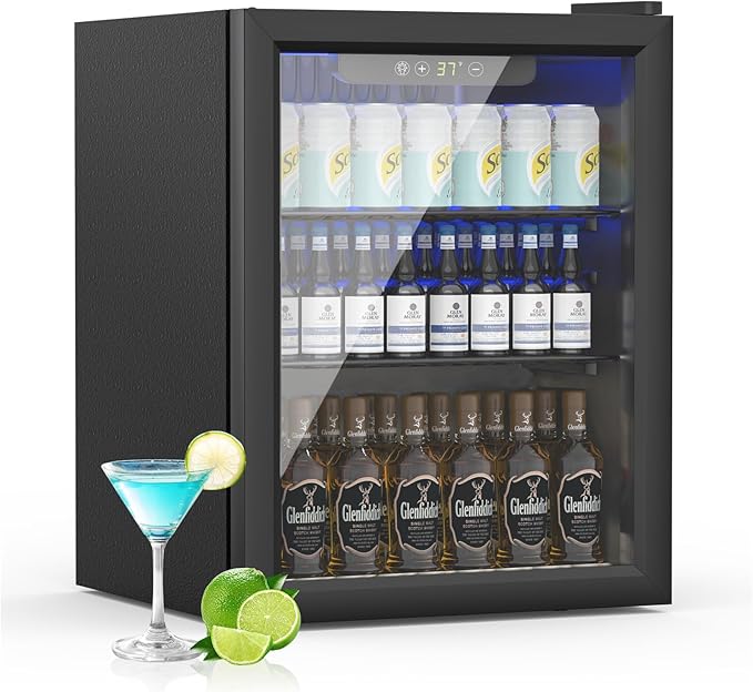 70 Can Freestanding Beverage Refrigerator, 1.6 Cu. Ft Drink Fridge with Quiet Compressor and Temperature Control, Small Refrigerator with Adjustable Shelves for Soda, Beer or Wine, Black