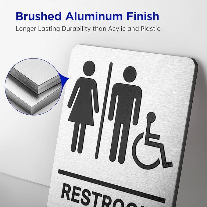 Restroom Sign, Brushed Aluminum ADA Raised Braille Restroom Signage for Business, Unisex Bathroom Sign with Strong Self-Adhesive, Wheelchair Accessible, Silver, Size 8’’* 6’'