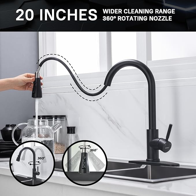 WEWE Black Kitchen Faucet, Kitchen Faucets with Pull Down Sprayer Commercial Stainless Steel Single Handle Single Hole Kitchen Sink Faucet for Farmhouse Camper Laundry Rv Bar
