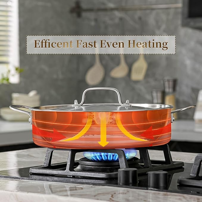 DELARLO 7Quart Tri-Ply Stainless Steel Non Stick Braiser Pan with Lid,Deep Frying Pan,Large Induction Skillet,Jumbo Cooker,Heavy Duty and Oven Safe.Large Saute Pan,Dishwasher and Oven Safe to 550℉