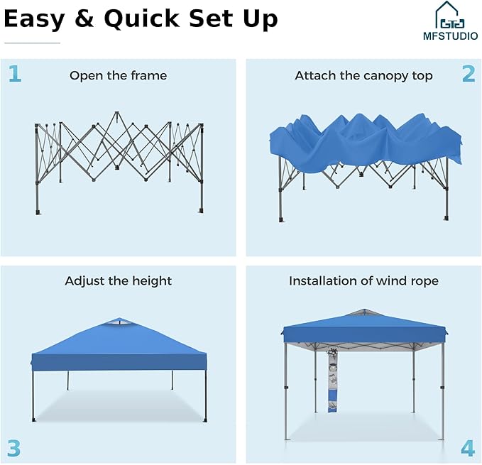 MFSTUDIO 10x10 Pop up Canopy Tent, Gazebo Shelter Sun Shade Canopies One Push Setup Portable Popup Easy Set up Tents with Vented Top,Storage,4 Sandbags,for Beach,Parties,Camping