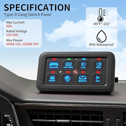 DaierTek 8 Gang Switch Panel RGB LED Lighted Multi-Function Switch Pod Toggle Momentary Pulsed Touch Control Switch Panel Dimmable for Car ATV UTV Boat Marine