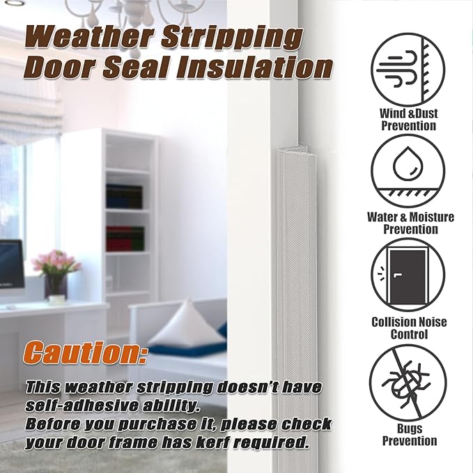 26 FT Door Frame Extra Thick Kerf Non-Adhesive Weather Stripping Seal Strip PU Foam, PE Cover, Groove Slot Installation for Large Gap, Sound, Dust, Water Insulation (26ft, White, Extra Thick Flanged)