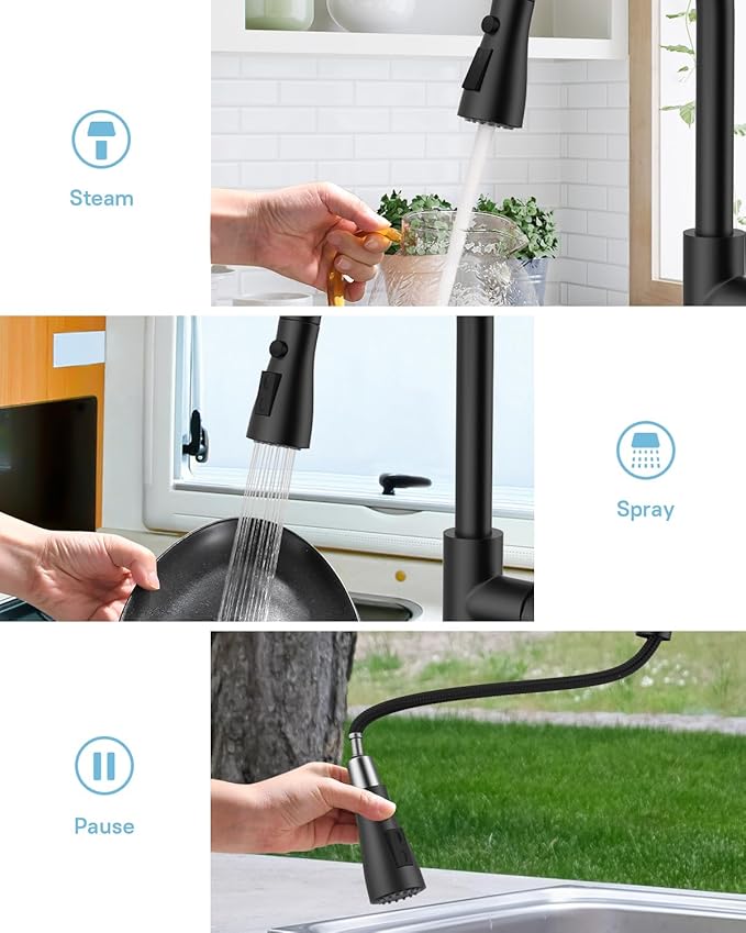 WEWE Kitchen Faucet with Pull Down Sprayer and Soap Dispenser, Stainless Steel Kitchen Sink Faucets, 3-Mode High Arc Single Handle Faucet for RV Farmhouse, Matte Black