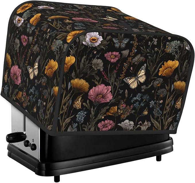 4 Slice Toaster Cover for Kitchen Flower Vintage Butterfly Botanical Waterproof Dustproof Toaster Dust Cover with Side Pockets Decorative Universal Cover for Wide Slot Toasters Small Appliances
