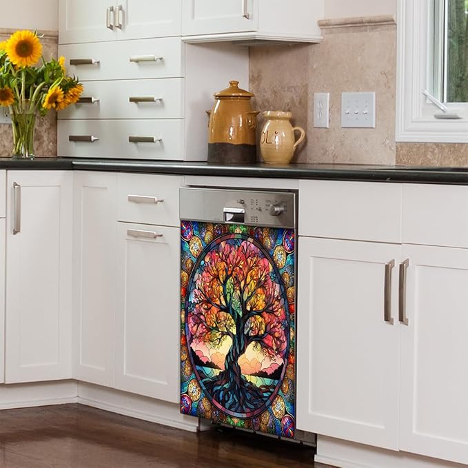 Tree of Life Dishwasher Magnet Cover Tree of Life Glass Dishwasher Decorative Cover Front Dishwasher Door Cover Reuseable Dishwasher Cover for Kitchen Refrigerator Home Appliances 23" X 26"