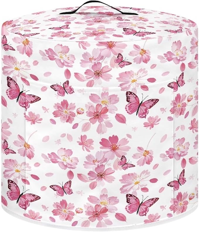 Peach Blossom Butterfly Print Rice Cooker Protective Cover Lightweight Pressure Cooker Cover with Handle & Pocket, Washable Round Air Fryer Cover Home Kitchen Décor