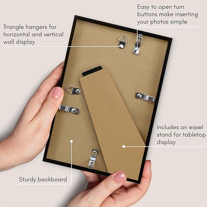 Americanflat 6x9 Picture Frame with Shatter-Resistant Glass - Streamline Collection - Thin Border Photo Frame for Tabletop and Wall Display - Hanging Hardware and Easel Stand Included - Black