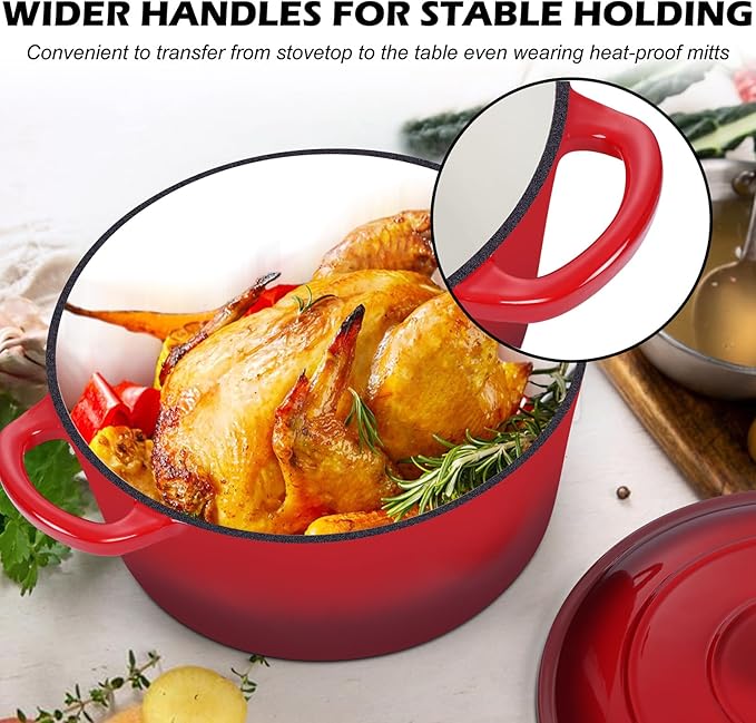 TeamFar 5Qt Dutch Oven, Enameled Cast Iron Dutch Oven with Lid & Dual Handles for Cooking Baking Braising Simmering, Healthy & Sturdy, Oven & Various Stovetops Safe, Non-stick & Easy Clean - Red