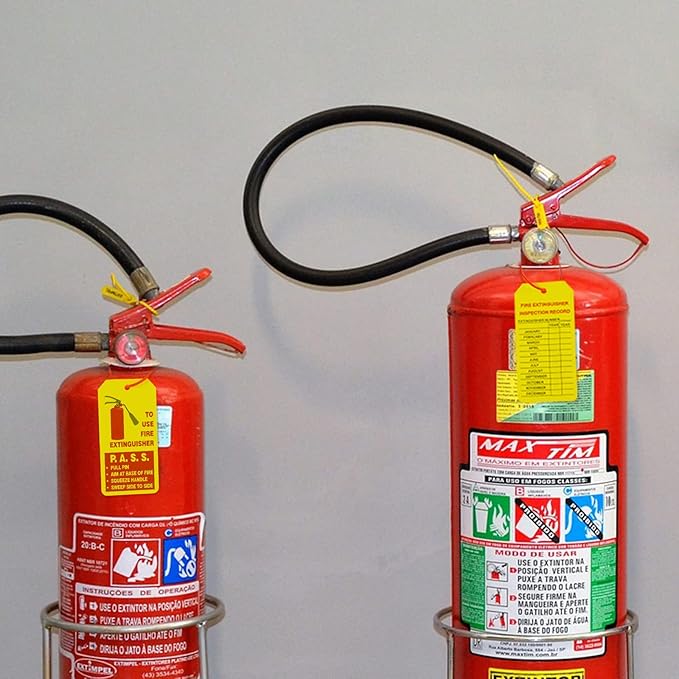 Outus 50 Sets Fire Extinguisher Tags with Adjustable Wire Ties 4.2 x 2.1 Inch Monthly Inspection Waterproof Tags Extinguisher Recharge and Inspection Record for Indoor Outdoor(Red and Yellow)