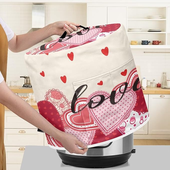 TODIYADDU Love Print Pressure Cooker Cover with Handle and Storage Pocket for Extra Accessories - Portable Kitchen Small Appliance Dust Protective Case for Air Fryer Toaster
