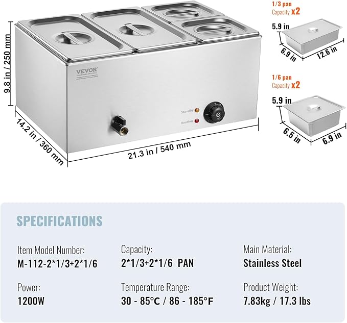 VEVOR 4-Pan Commercial Food Warmer, 24QT Electric Steam Table, 1200W Professional Countertop Stainless Steel Buffet Bain Marie with 86-185°F Temp Control for Catering and Restaurants, Silver