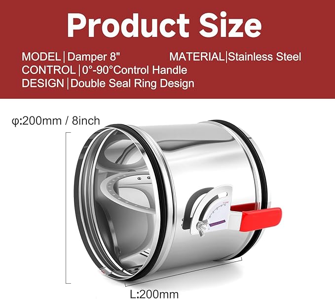 8 Inch HVAC Duct Manual Volume Backdraft Damper,Stainless Steel Airflow Control Valve With Adjustment Handle,Duct Damper for HVAC Ventilation System (8inch)