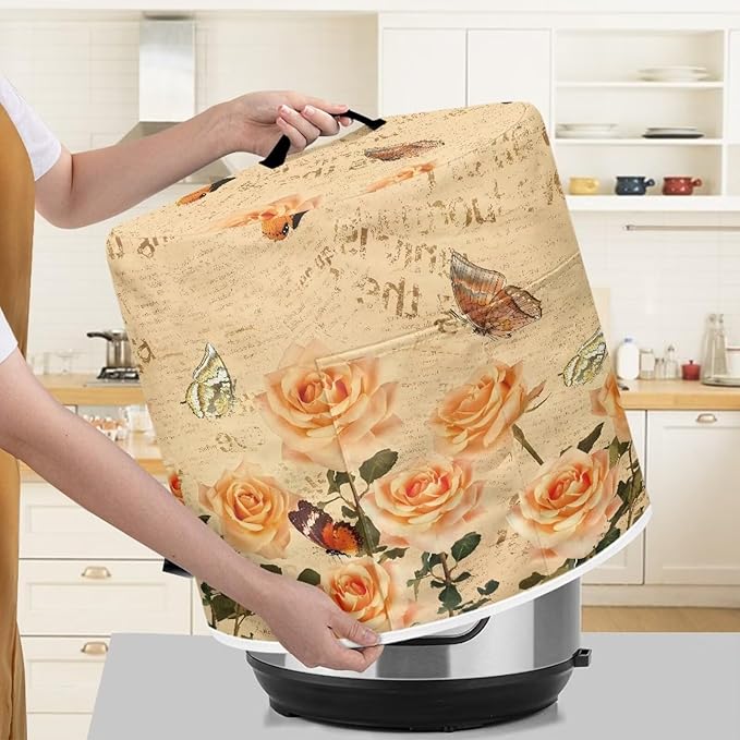 Flashideas Rose Butterfly Dust Cover with Pocket for Instant Pot, Rice Cooker and Air Fryer, Round Pressure Cover Dust-Proof Stain Resistant Electric Appliance Cover Easy to Clean