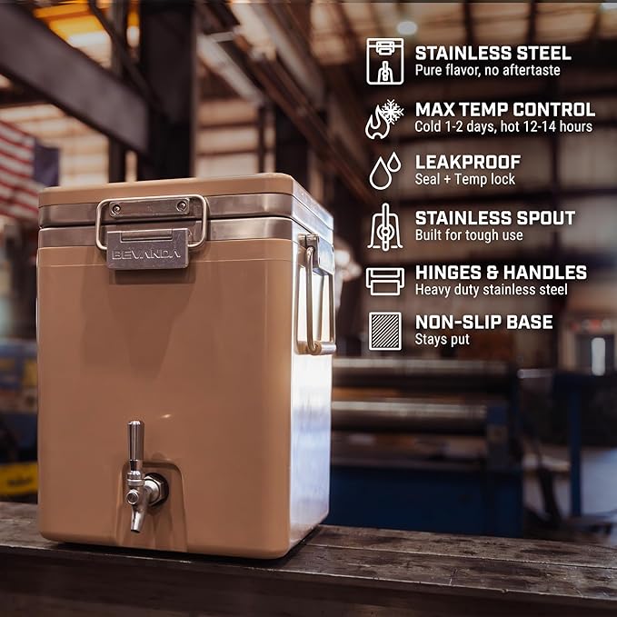 Bevanda - Sperse 5 Gallon Stainless Steel Drink Dispenser - Large Insulated Beverage Dispenser for Parties, Catering, and Home Entertaining - Leakproof & Durable (Tan)