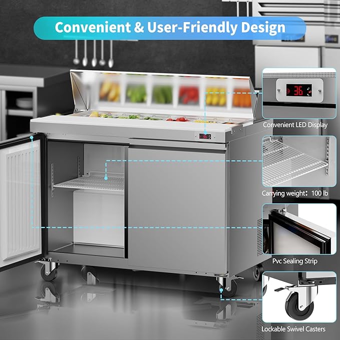 48" W Sandwich Salad Prep Table Refrigerator Commercial Refrigerator with 12 Pans Stainless Steel Fan Cooling Kitchen Equipment