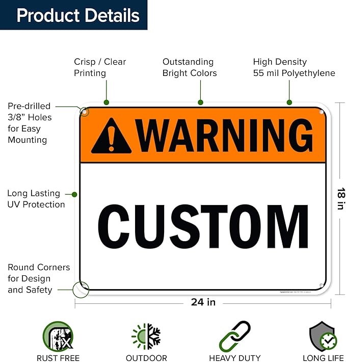 Custom warning Sign, Ansi Sign, Osha Compliant, 18x24 Inches, 55 mil thick HDPE (high density polyethylene), Made in USA by My Sign Center