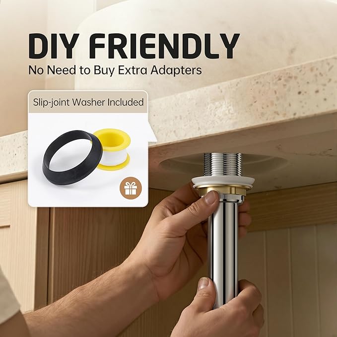 KES Polished Chrome Bathroom Sink Drain with Extended Thread, All Metal Pop Up Drain Stopper without Overflow for Thicker Vessel Sinks and Countertops, Brass and Stainless Steel, S2022D-CH