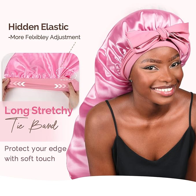 YANIBEST 2Pcs Silk Bonnet for Sleeping Braid Bonnet for Long Hair with Tie Band for Black Women Curly Hair Locs, Black&Pink