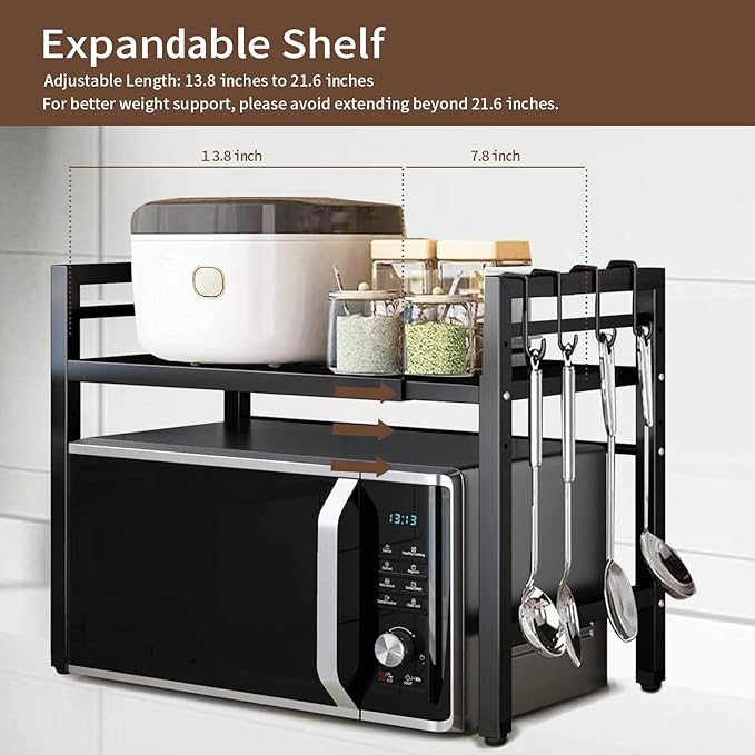 Microwave Oven Rack Expandable Countertop Heavy Duty Microwave Shelf 2-Tier Adjustable Metal Storage Shelf Rack for Kitchen(Black)