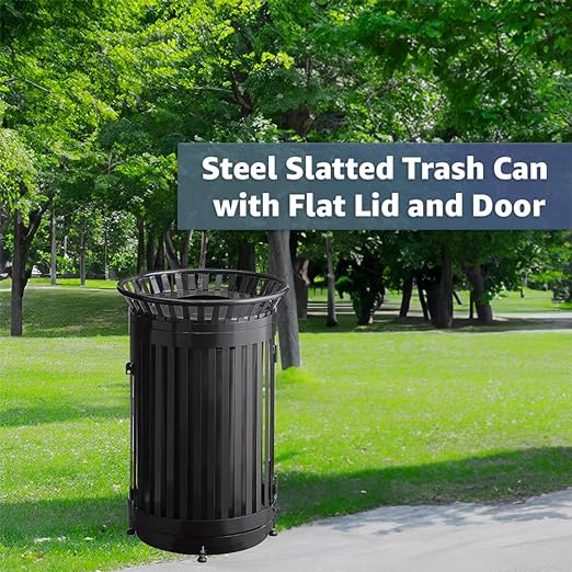 45 Gallon Black Trash Can with Flat Lid & Door, Outdoor Heavy-Duty Commercial Waste Bin Steel Slatted, Round Recycle Container, Durable Garbage Can for Parks, Municipalities, Schools, Parking