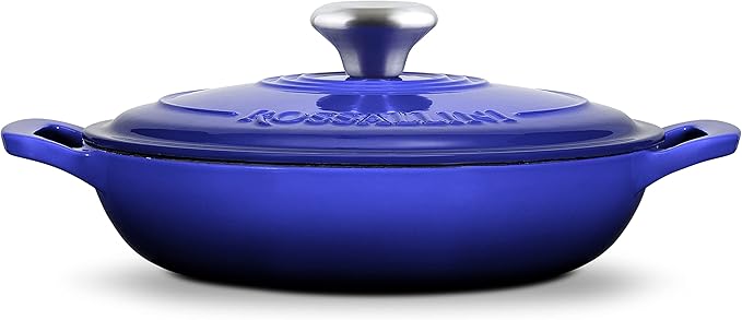 Signature Enameled Cast Iron Braiser, Non-Stick Serving Pot with Tight Fitting Lid for Perfect Roasting, Baking, Sauteing, Searing, and Pan Frying | 5Q (4.7L) - Indigo Blue