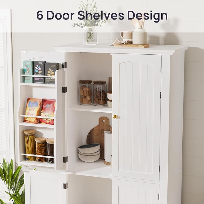 MHOM 71" Tall Pantry Cabinet, Farmhouse Kitchen Storage Cabinet with 6 Hanging Shelves and Adjustable Shelves, Freestanding Cupboard for Kitchen & Dining Room, White