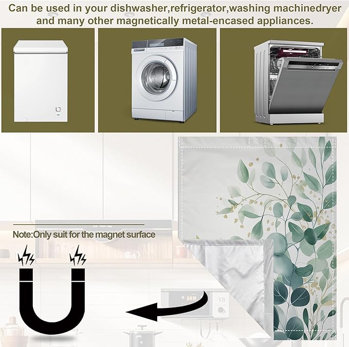 Magnetic Dishwasher Cover,Eucalyptus Greenery Reusable Dishwasher Magnetic Cover Gold Foil Decorative Door Covers Panel for Home Kitcen 23" x 26"