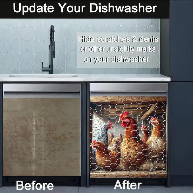 Magnetic Farm Chicken Dishwasher Cover 23x26 Inch Kitchen Decor Rooster Dishwasher Sticker Magnet Cover Chicken Mother Fridge Magnetic Country Farmhouse Window Fridge Door Cover