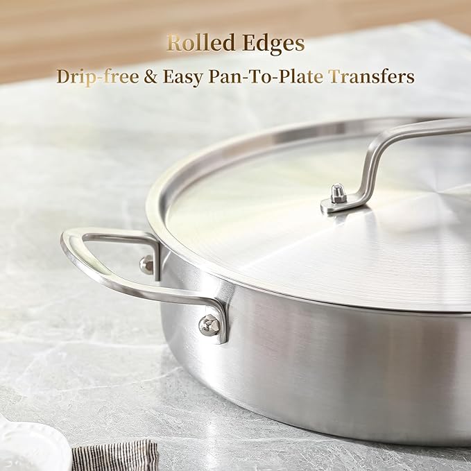DELARLO Tri-Ply Stainless Steel 3.5 Quart Braiser Pan with Lid Induction Rondeau Pot With Lid 12inch Deep Frying Pan Large Saute Pan Heavy Duty Style Compatible With All Cooktops Up to 650℉