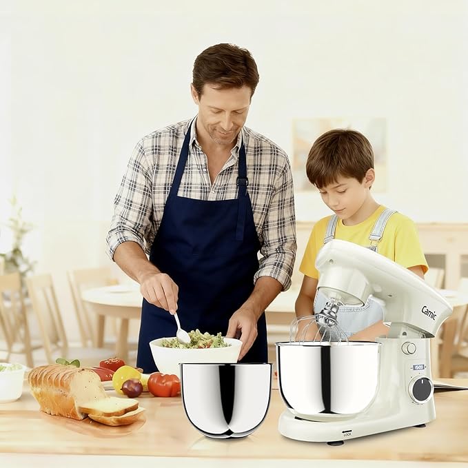 Camic Stand Mixer, 4.2QT+5.3QT Two bowls Electric Food Mixer, 10 Speeds with Digital setting 3-IN-1 Kitchen Mixer for Baking Cakes Cookie Bread Salad with Egg Whisk,Dough Hook,Flat Beater(White)