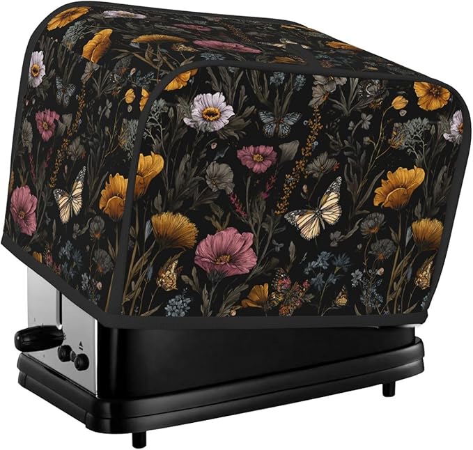 2 Slice Toaster Cover for Kitchen Flower Vintage Butterfly Botanical Waterproof Dustproof Toaster Dust Cover with Side Pockets Decorative Universal Cover for Wide Slot Toasters Small Appliances