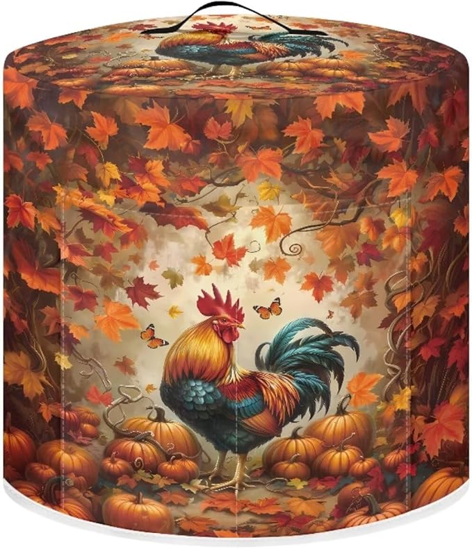 Xoenoiee Rooster Maple Leaf Kitchen Appliance Dust Cover with Pockets, Electric Pressure Cooker Cover Compatible with Crock Pot, Rice Cooker Covers Fall Decor, for 3 Qt Pot