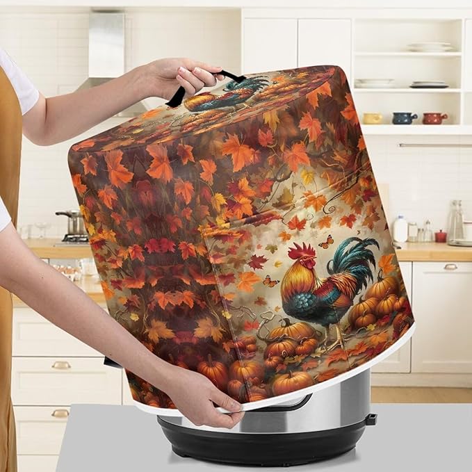 Xoenoiee Rooster Maple Leaf Kitchen Appliance Dust Cover with Pockets, Electric Pressure Cooker Cover Compatible with Crock Pot, Rice Cooker Covers Fall Decor, for 3 Qt Pot