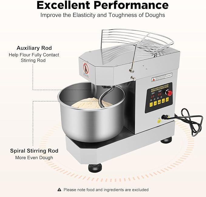 Commercial Food Mixer, 10L Electric Dough Mixer Machine, 750W 110V Dual Rotating Dough Kneading Machine With Stainless Steel Bowl & Security Shield for Bakeries Restaurants Pizzerias