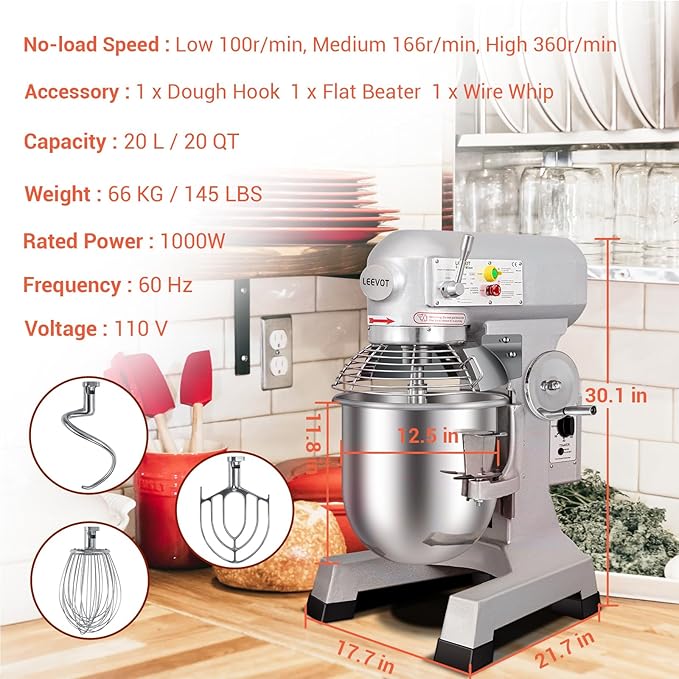 20QT Commercial Planetary Stand Mixer, Heavy Duty Dough Mixer with 60-Min Timer & Splatter Guard, 3 Speeds for Kneading, Creaming, Whipping, for Bakery, Pizzeria, Restaurant